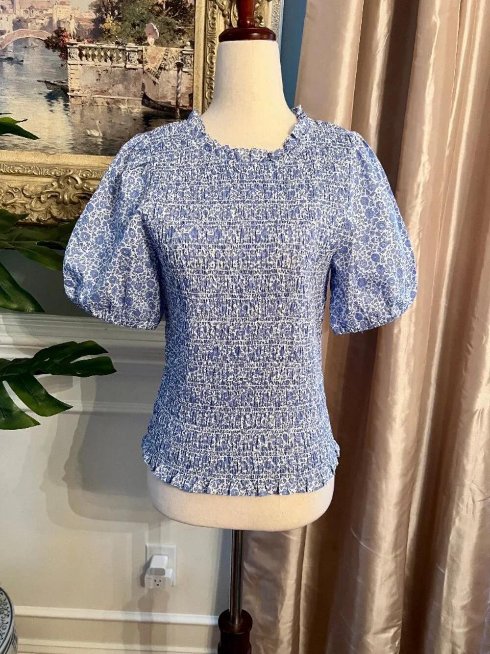 NWOT J.Crew Puff Sleeve Smocked Top Blouse Shirt Liberty D'Anjo Coast MEDIUM